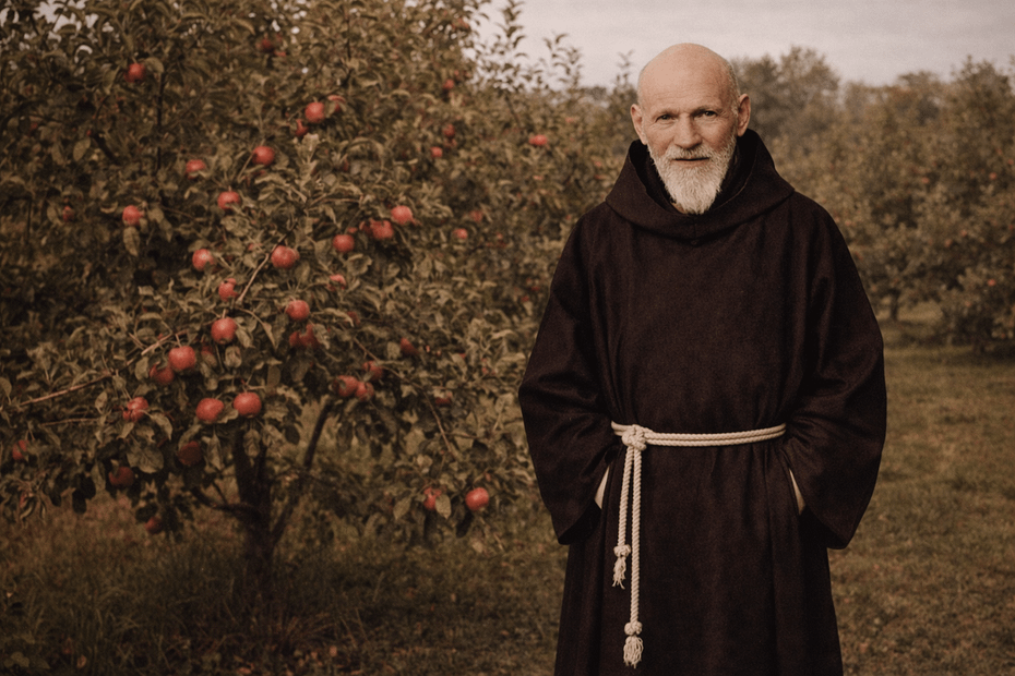 Frère Gérard devant un verger